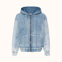 Sweat à capuche zippé oversize en denim délavé pour homme, épais, décontracté, vintage, personnalisé, effet vieilli