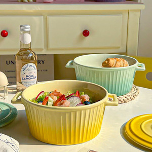 Olla de cerámica con doble asa para sopa, gran capacidad, color degradado, apta para microondas, para uso doméstico. - Product Image 3