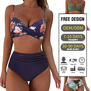 Costume da bagno bikini da donna a vita alta con top a torsione e dettaglio arricciato, controllo pancia, due pezzi, push-up - Product Image 1