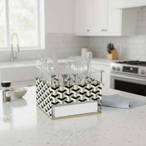 Moderno Porta Cubiertos Giratorio <span class=keywords><strong>de</strong></span> Acrílico, Diseño Geométrico Negro y Dorado, Lujoso Porta Cubiertos Judío <span class=keywords><strong>para</strong></span> Mesa, Cuchillos, <span class=keywords><strong>Cucharas</strong></span>, Tenedores, Servilletas - Product Image 2