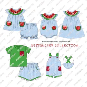 Dernier été enfants vêtements pastèque broderie bébé filles seersucker shorts frère et sœur ensemble nouveau-né bébé fille évêque bulle barboteuse