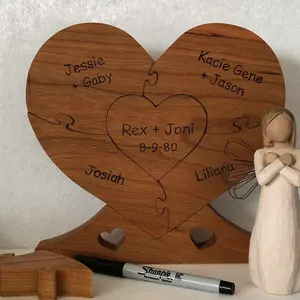 JUNJI Home Decor Family Wood Oak Heart "Unity" Puzzle Personalized Wood 3D Heart Puzzle Base Romantic Wood Family Heart Puzzle