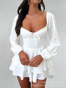 Sexy y elegante cuello en V espalda descubierta cintura ceñida Vestido de manga larga estilo de fiesta de club nocturno blanco encaje hasta Borde de volantes Falda corta - Product Image 5
