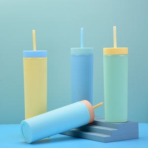 Nuova Tazza Doppia con Cannuccia Dritta, Stile Americano, Vernice Gommata Macaron, Semplice, in Plastica Riutilizzabile, con Tappo a Vite - Product Image 2