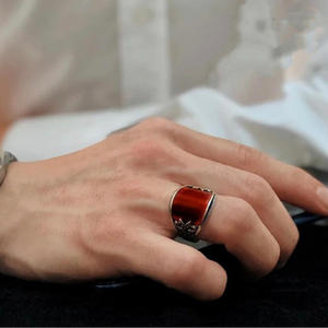 yunnique Red Lacquered <b>Ring</b> With Embossed Plant Pattern Geometric Shape Gift Jewelry CY1396 - Product Image 4