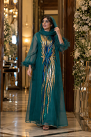 Robe longue modeste de luxe en polyester avec broderie de sequins, col montant et manches transparentes, idéale pour l'Aïd, les mariages et les grandes occasions (Abaya)