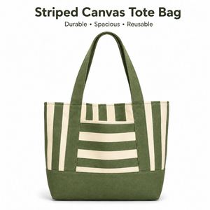 Fashion Modern Green Striped Heat Transfer <b>Medium</b> 10oz Cotton Canvas Tote <b>Bag</b> Reusable Shopping Shoulder Handbag for Ladies - Product Image 2