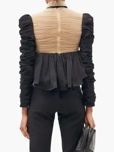 OEM Ultimo Disegno Delle Parti Superiori Delle Signore Ufficio Camicia A Maniche Lunghe Casuale Fanny <span class=keywords><strong>tulle</strong></span> E Raso-Back Crepe Peplum <span class=keywords><strong>Camicetta</strong></span> Delle Donne - Product Image 5