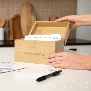 Bamboo Recipe <b>Box</b> Card Holder Wooden <b>Storage</b> Organizer With Lid Rectangle Shape For <b>Kitchen</b> Desktop Use - Product Image 3