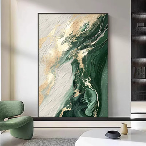 Peinture à l'huile sur toile abstraite, cadre rectangulaire noir en alliage d'aluminium, décoration murale de luxe verte pour salon - Product Image 1