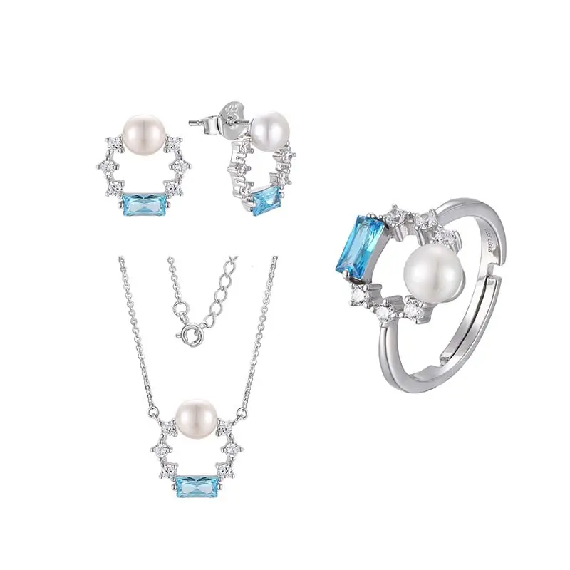 OEM personalizzato da donna di lusso in argento 925 con perla d'acqua dolce collana con anello di zirconi con zirconi Fine set di gioielli per regalo donna