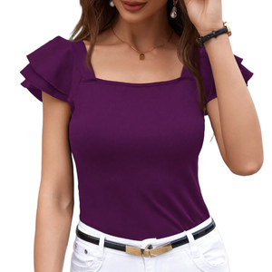 Camiseta Elegante de Manga Corta con Volantes Morados para Mujer, Cuello Cuadrado, Corte Ajustado, Color Sólido Básico - Product Image 1