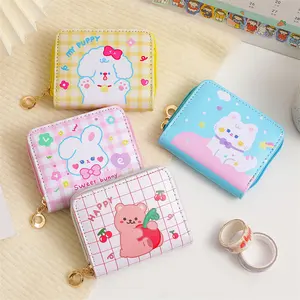 韓国の女の子の正方形の小銭入れキャンディーカラーショートクレジットカードホルダーPUレザーかわいい漫画のウサギのクマの財布