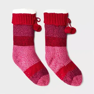 Women Colorblock Faux Shearling Lined Slipper Socks with Faux Fur Pom Custom Knitted Slipper Socks