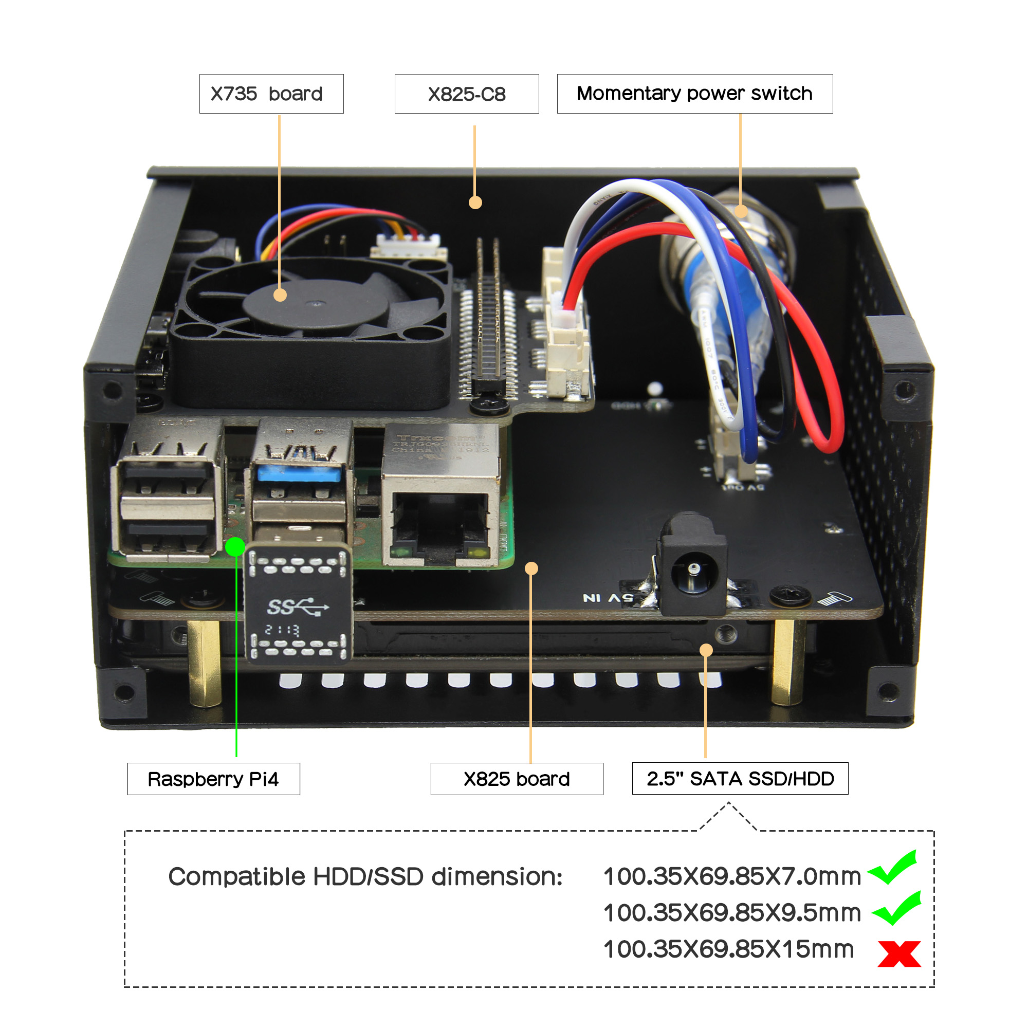 Raspberry Pi 4モデルB用X825 V2.0ボード&X735ボードメタルケース