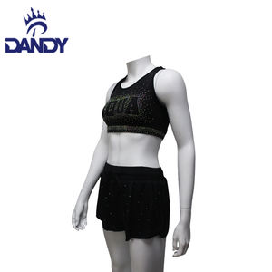 Haute qualité pom-pom girl pratique personnalisé <span class=keywords><strong>Train</strong></span> uni noir avec strass logo Cheer débardeurs et shorts uniforme porter - Product Image 4