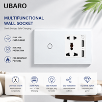 UBARO Interrupteur tactile en verre trempé 1 voie, prise murale multifonction, prise universelle avec double USB 5V 2100mA