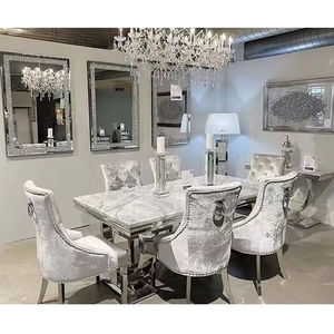 Chaise de salle à manger moderne de luxe élégante à dossier haut, assise en velours capitonnée, pieds en acier inoxydable, gris argenté, mobilier de maison durable - Product Image 6
