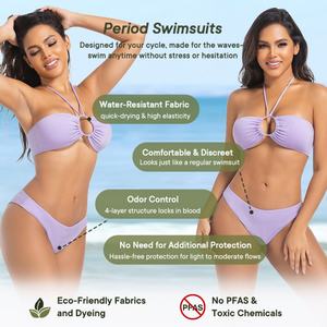 LYNMISS Maillot de bain menstruel d'été violet 4 couches en nylon pour femme, bikini de plage 2 pièces à dos nu, anti-fuite, biodégradable, motif géométrique - Product Image 5