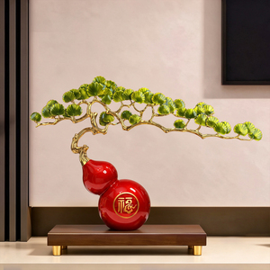 Sculpture d'arbre porte-bonheur en forme de courge rouge avec feuilles de pin dorées, décoration d'intérieur, cadeau pour le salon, l'entrée - Product Image 1