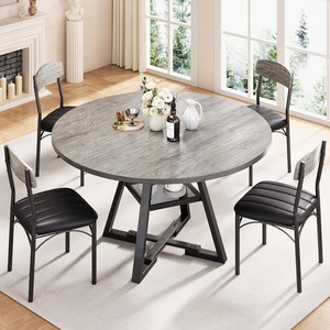 Simple <b>round</b> <b>dining</b> <b>table</b> <b>set</b>, extendable wood grain <b>table</b>, leather upholstery, wrought iron <b>dining</b> chairs, small apartment - Product Image 2