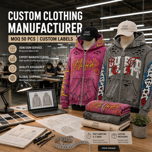 Fabricante de Ropa, Sudadera con Capucha Personalizada para Hombre, Estilo Y2K Grunge, Lavado Ácido, Color Magenta, con Tachuelas, Estampado Agrietado, Cierre Completo - Product Image 1