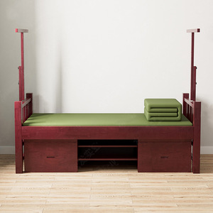 Lit simple en bois massif de caoutchouc personnalisé avec rangement, cadre de lit pour dortoir, brun rougeâtre - Product Image 1