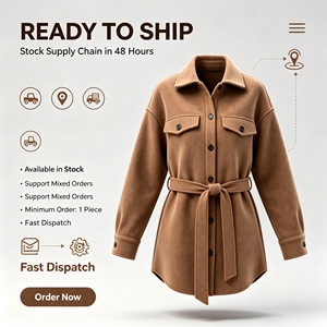 Veste chemise ceinturée pour femme, col à revers, coupe ample, en polyester imitation laine, manteau décontracté automne-hiver, vêtement d'extérieur, OEM ODM personnalisé - Product Image 3