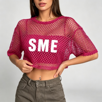 Kaos Rajut Wanita Model Crop Berjaring Transparan Lengan Pendek, Tersedia Berbagai Warna