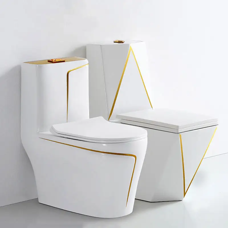 Moderne Sanitair Kleur Water Kast Sifonische Keramische Commode Toiletpot Badkamer Luxe Wc Eendelige Toiletten Met Gouden Rand