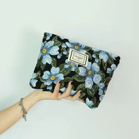 Tas Kosmetik Bordir Jacquard Motif Bunga dengan Ritsleting, Kantong Makeup Kain, Organizer Perlengkapan Mandi untuk Perjalanan dengan Pilihan Hadiah OEM