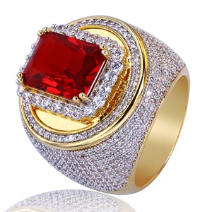 Fashion Jewelry Brass Gold Plated Ruby Center Stone Bling Full of Zircon Men Hip Hop Ring