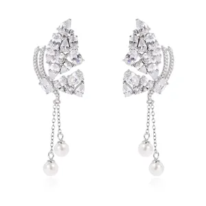 Women Wedding Jewelry Silver Color CZ Gemstone Butterfly With Pearl Long Dangle Drop Earrings Tassel Pearls Zircon Earrings