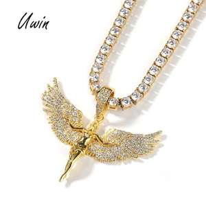 Nueva llegada alas de Ángel colgante Drop Shipping Hip Hop CZ collar 18K chapado en oro mujer hombre rapero joyería - Product Image 1
