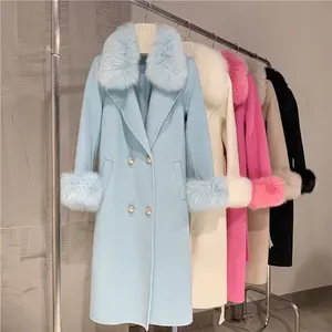 Abrigo de lana rosa con cuello de piel de zorro para mujer, abrigo de lana de talla grande, gran oferta