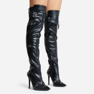 High Heels Knee High Boots Brand New Punk Style Rivet Belt Pointed Toe Stiletto Women's Boots Leather Women Over The Knee Boots
