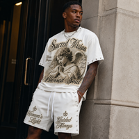 Ensemble streetwear Y2K pour homme : T-shirt à strass et rivets et short, motif ange, coupe oversize et ample, style survêtement