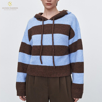 GUOOU New Series Blue Brown Striped Hooded Knit Pullover Women's Wool Long Sleeve Cropped Top