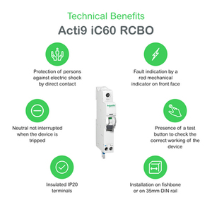 Acti9 iC60H RCBO 1P+N 20A 30mA C Curve Earth Leakage Circuit Breaker with Overload Protection 240V Safety <b>Switch</b> A9D11820 - Product Image 6