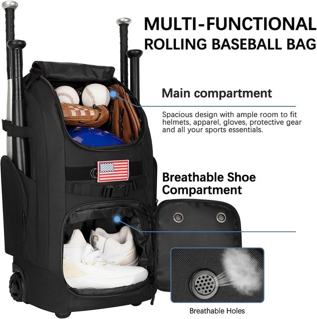 Rolling Baseball Bag with Wheels 60L Capacity Wheeled Softball Bag Bat Bag with Hidden Straps Fence Hook Holds 4 Bat