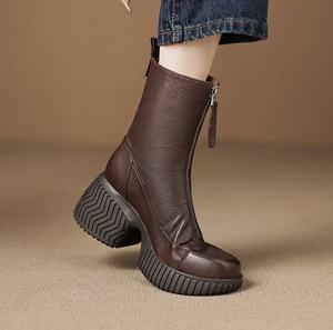 Chaussures à talon épais et bout pointu en cuir véritable et peau de mouton faites à la main pour femme, collection printemps-automne, à enfiler - Product Image 6