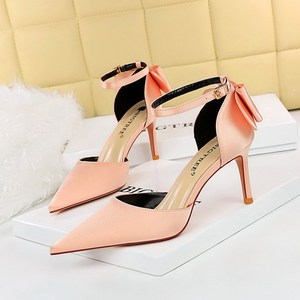 Women's Stiletto High Heels Shallow-cut Pointed Satin Hollow Back Bow One-line Strap Sandals Patent Leather Upper <b>Pumps</b> - Product Image 6