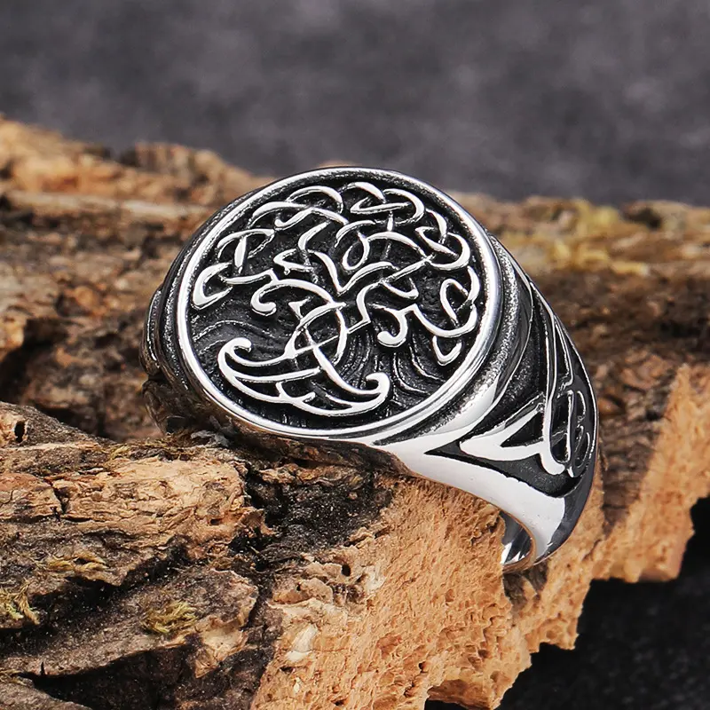 Produsen tempat grosir perhiasan tangan pria cincin baja titanium kehidupan pohon simpul mitologi vintage Nordic