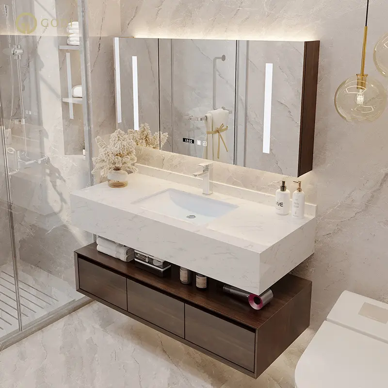 GODI kabinet 36 inci kontemporer dapat disesuaikan cermin bak cuci tunggal perlengkapan rias kamar mandi dengan laci