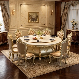 Ensemble de table à manger européenne de luxe avec plateau tournant, chaises en bois massif sculptées à la main et dorées, mobilier de salle à manger en gros - Product Image 1