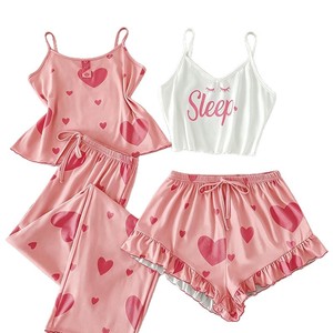 Conjunto de 4 piezas para mujer: Camisola, pantalones cortos, pijama, ropa de dormir con estampado de letras, top de dos tirantes, pantalones, atuendo de verano sin mangas, ropa de dormir. - Product Image 6