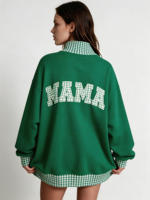 Sweat-shirt à col montant brodé patchwork pour femme, en coton, manches longues, détail ourlet brut, style décontracté et urbain, pull-over OEM