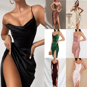 Design de mode robe dos nu solide à bretelles spaghetti robe de boîte de nuit sexy fendue sans manches