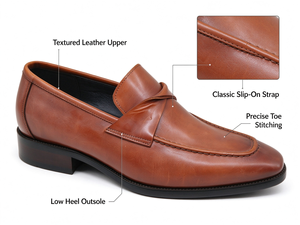 Mocassins en cuir de vachette véritable marron à enfiler, à bout pointu et double bride, pour hommes, élégants pour le bureau, les mariages et les occasions décontractées - Product Image 2