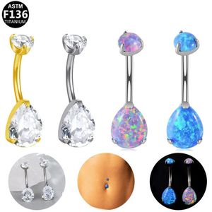 <b>Titanium</b> Teardrop Opal Navel <b>Stud</b> G23 Stainless Steel Prong Setting Women's Belly Ring Jewelry - Product Image 1